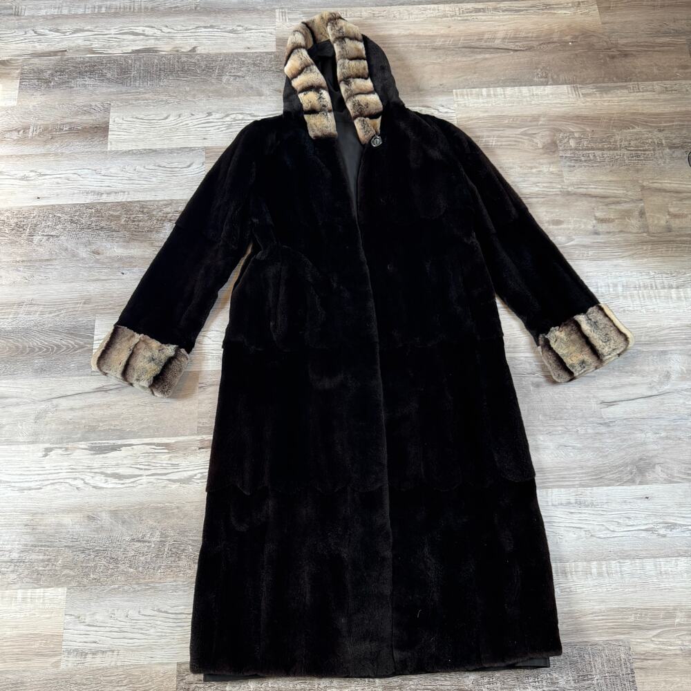 Vintage Genuine Fur Full Length Coat Brown Luxury Reversible Hooded Belted 12